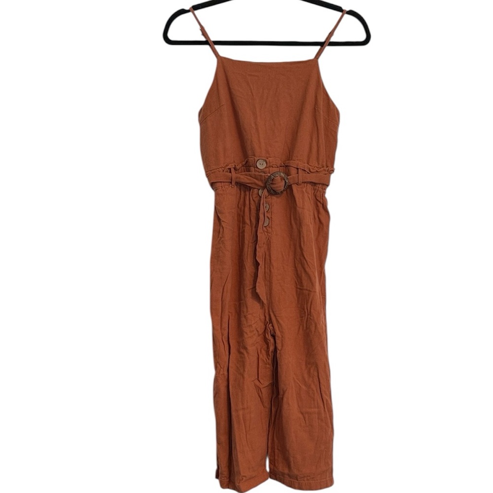 ☀️ Mind Code Burnt Orange Linen Blend Cropped Jumpsuit